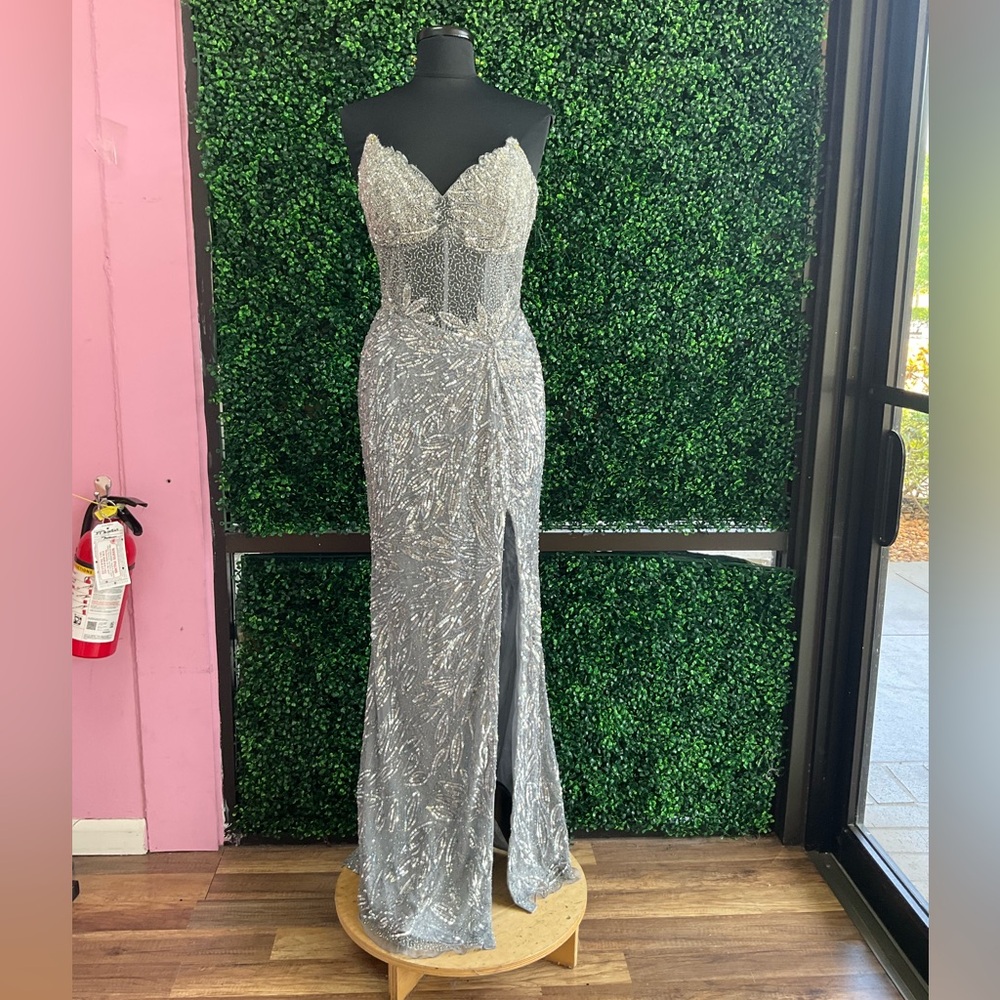 Primavera Couture Silver Sequin Prom Dress